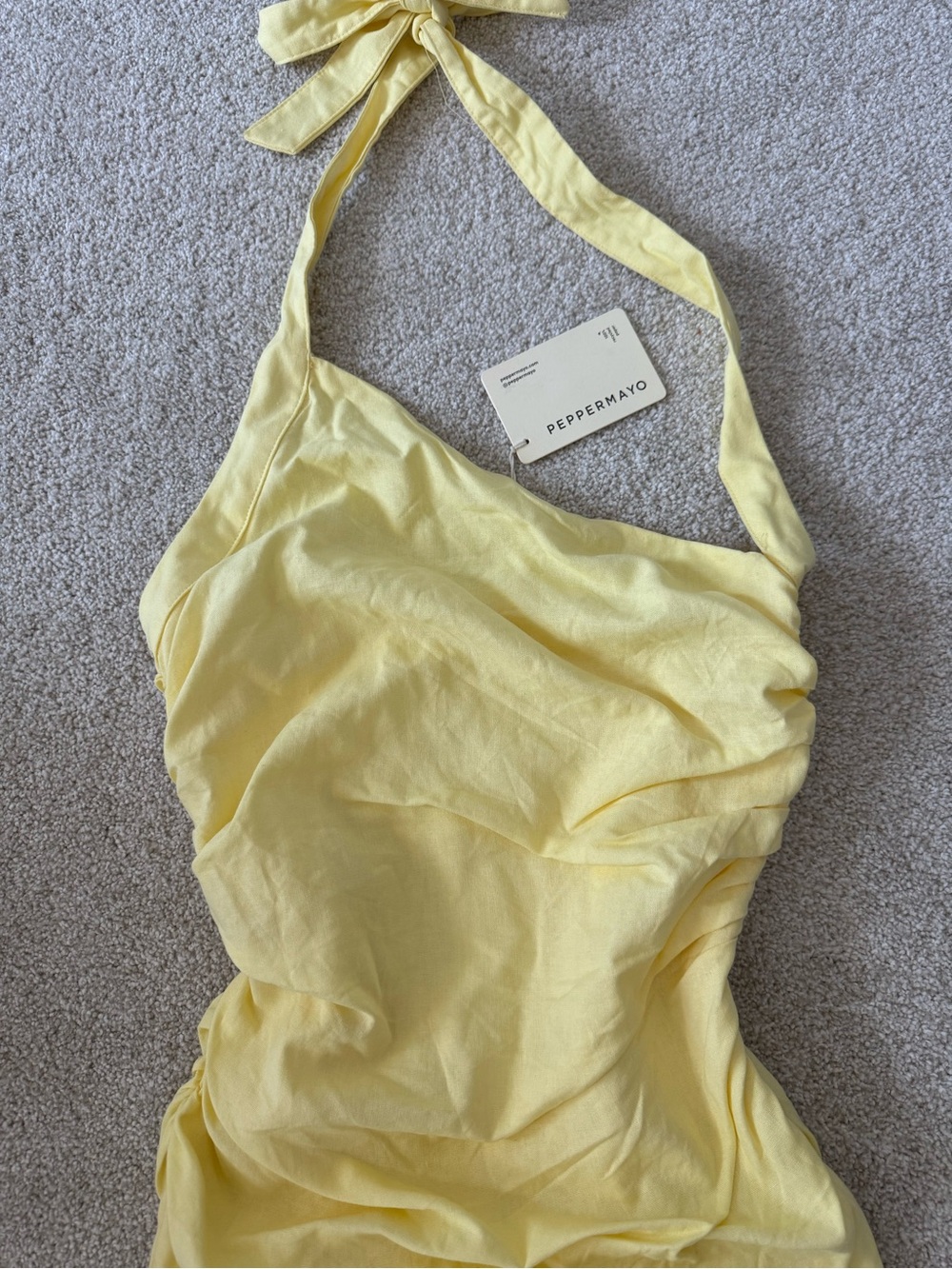 Asymmetric Halter Ruched Mini Dress in Butter Yellow NWT size Medium - Picture 4 of 8